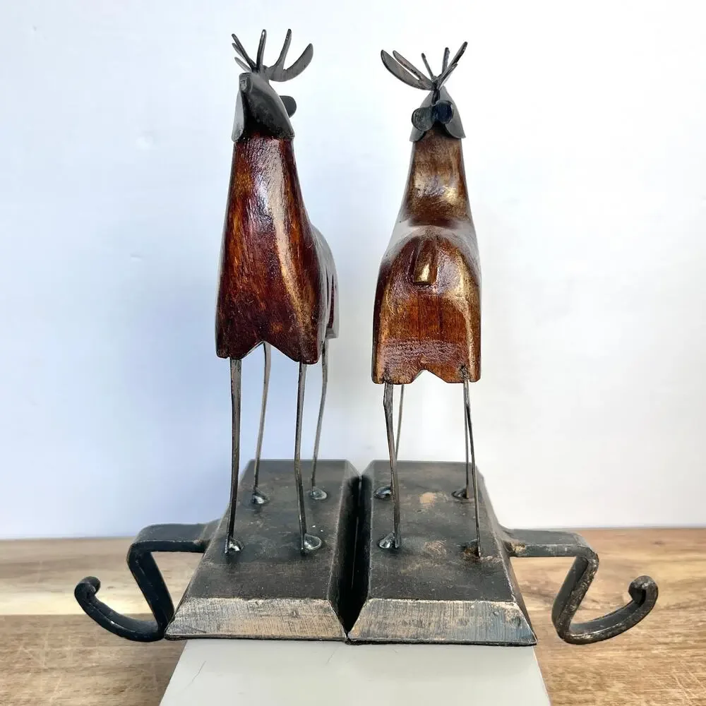 Pair of Rustic Wood and Metal Deer Stocking Hanger Vintage Pier 1 Cabin Country